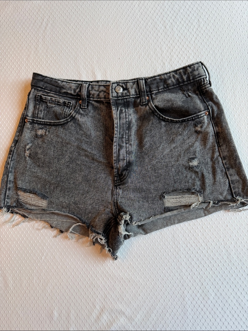 High-Rise Distressed Denim Shorts - Charcoal Gray